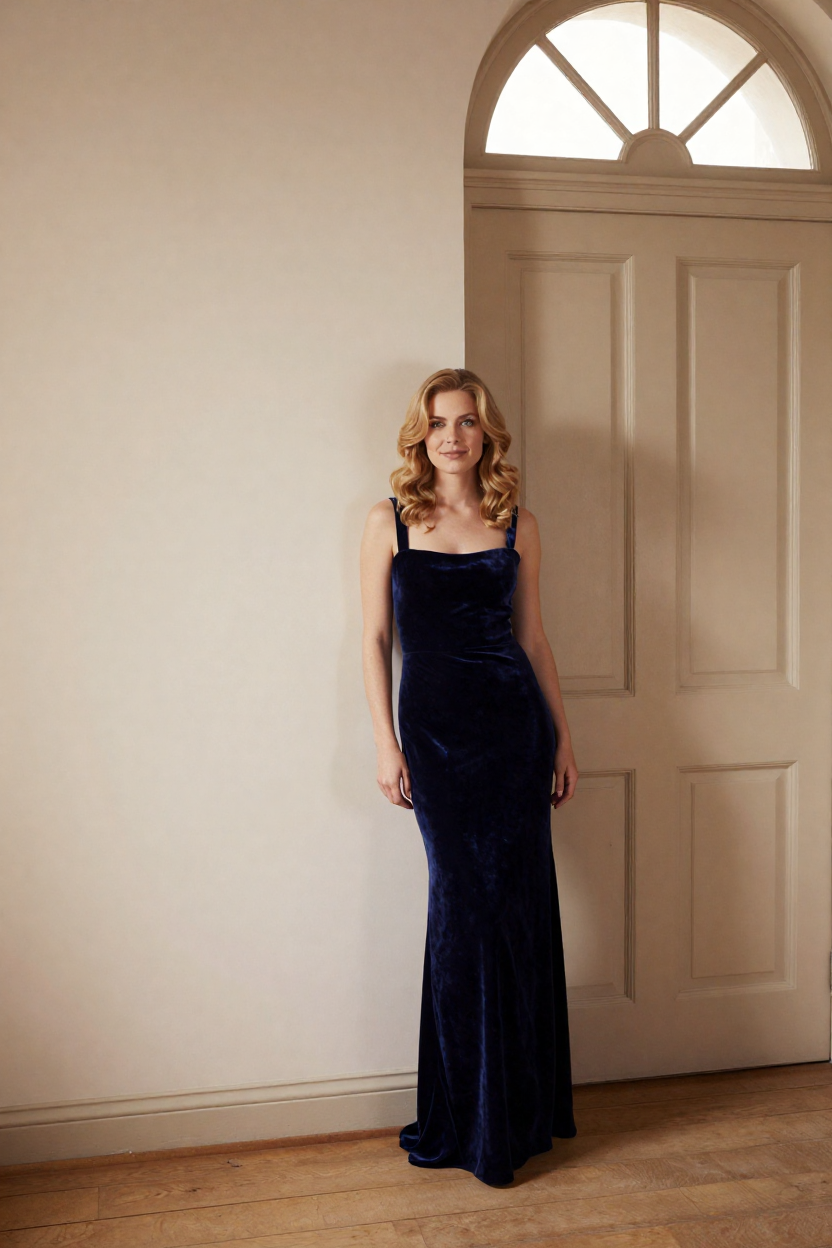 Fictional 29-year-old woman, honey-blonde hair in long loose waves over both shoulders, strong cheekbones, blue-grey eyes