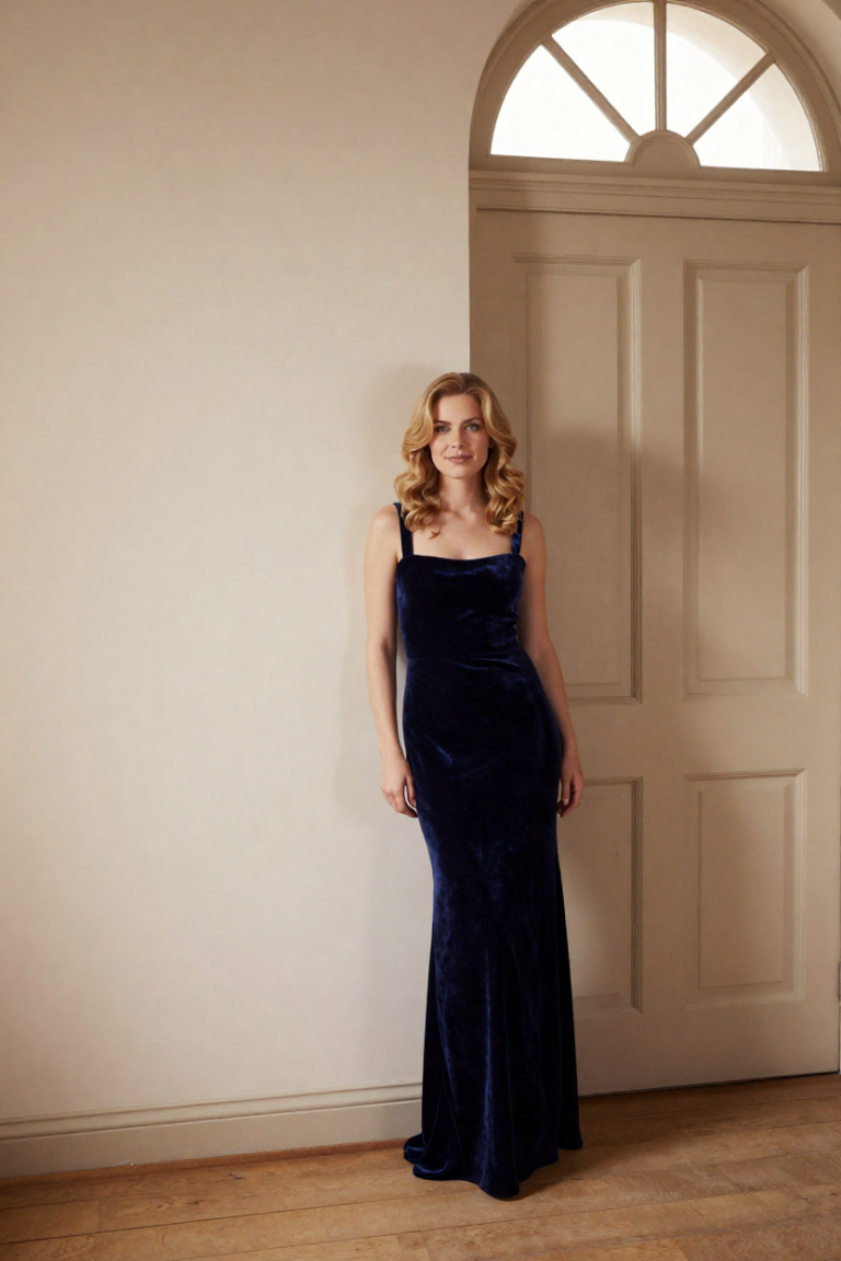 ChinesePortalOrg muse in a midnight-blue velvet gown beside the fanlight door